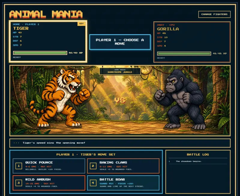 Animal Mania gameplay: a tiger faces a gorilla in a pixel-art jungle arena.